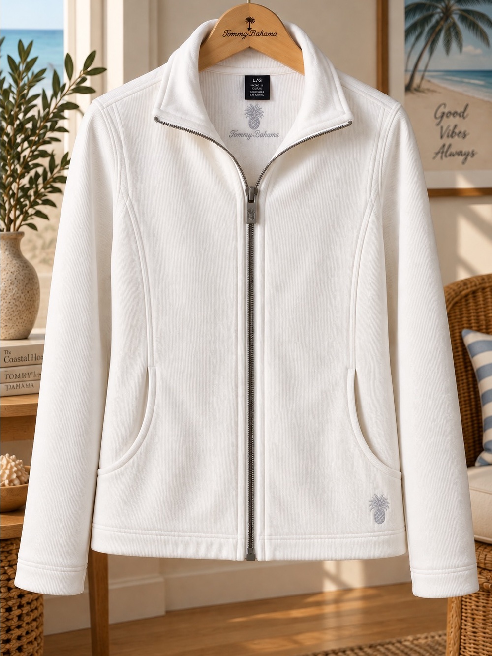 Tommy Bahama Women's White Full-Zip Bomber Jacket